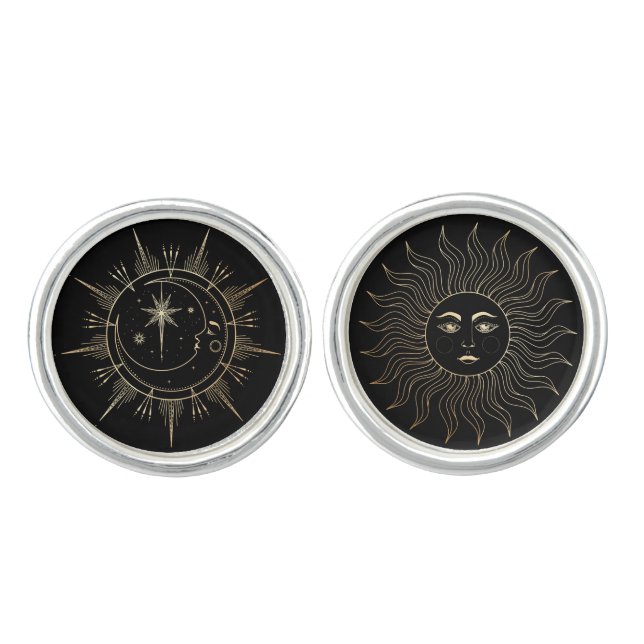 My Sun and Moon Celestial Faux Gold Black Cufflinks (Front)