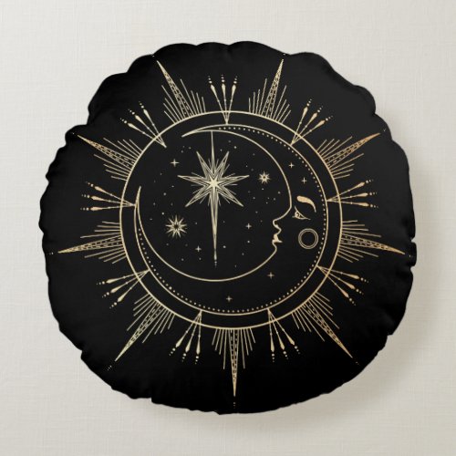 My Sun and Moon Celestial Faux Gold Black Round Pillow