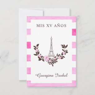 My Sweet 15 Floral Design Paris Stripes Pink Thank You Card