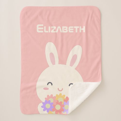 My Sweet Little Bunny and Flowers Pastel Pink Girl Sherpa Blanket