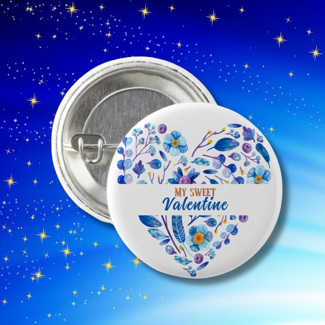 My Sweet Valentine Botanical Blue Floral Heart Button (Creator Uploaded)