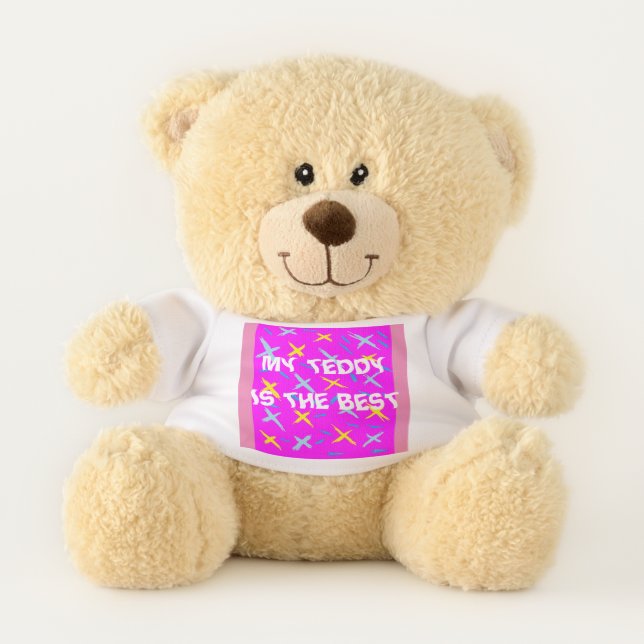 My Teddy is best logo on pink patterned design Bear (Front)