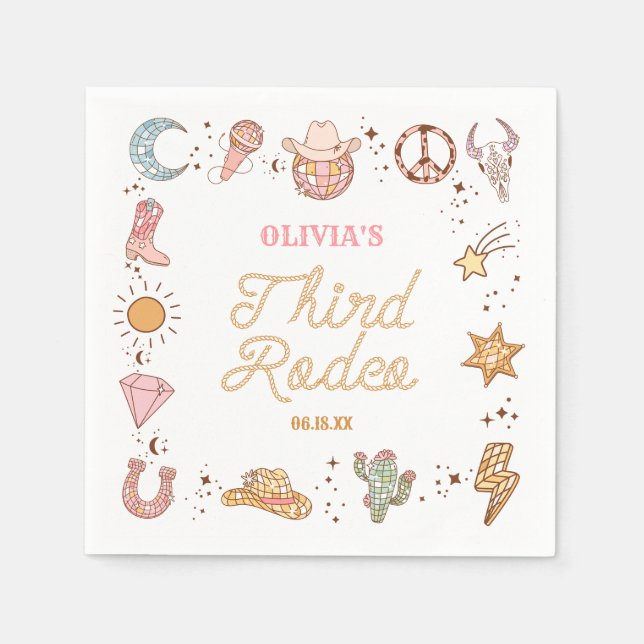 My Third Rodeo Disco Cowgirl 3rd Birthday Party Napkins (Front)