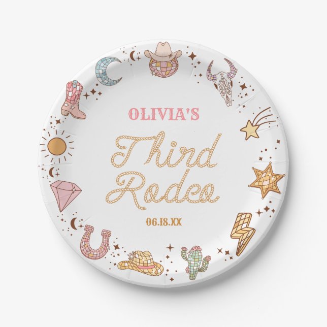 My Third Rodeo Disco Cowgirl 3rd Birthday Party Paper Plates (Front)