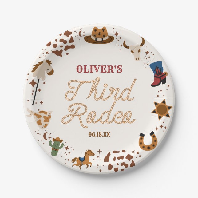 My Third Rodeo Western Cowboy 3rd Birthday Party Paper Plates (Front)