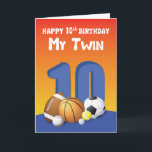 My Twin Brother 10th Birthday Sports Balls Card<br><div class="desc">Your best buddy twin brother and you are gonna be turning ten soon. A big number 10 stands tall on the front of this colorful card which is especially designed to bring happy 10th birthday greetings to your beloved twin.</div>