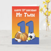 My Twin Brother 11th Birthday Sports Balls Card (Yellow Flower)