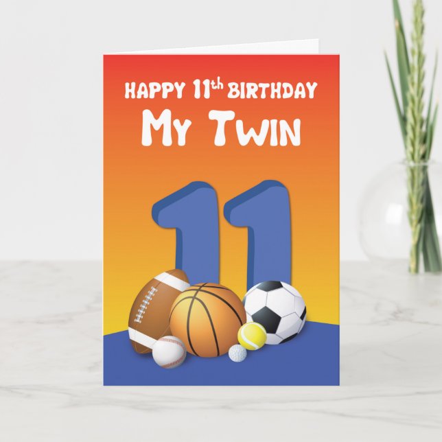 My Twin Brother 11th Birthday Sports Balls Card (Front)