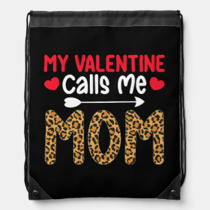 My Valentine Calls Me Mom Leopard Buffalo Plaid Drawstring Bag