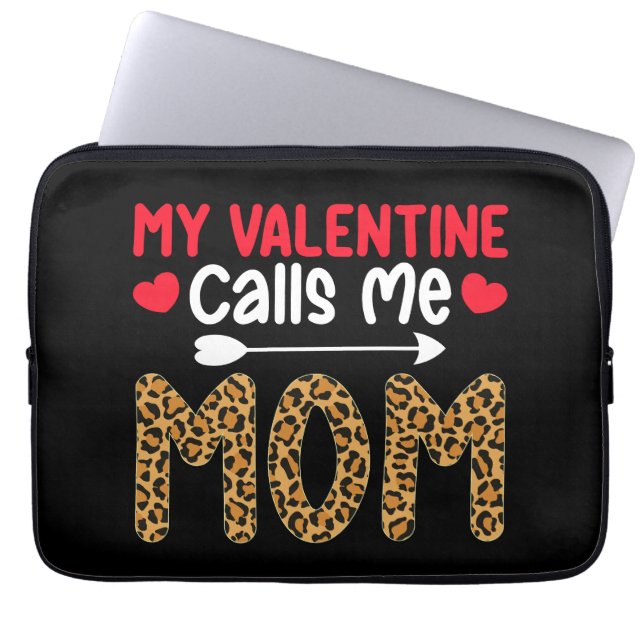 My Valentine Calls Me Mom Leopard Buffalo Plaid Laptop Sleeve (Front)