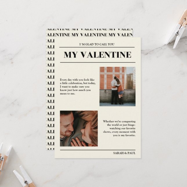 My Valentine Customizable Newspaper Photos Card  (Front/Back In Situ)