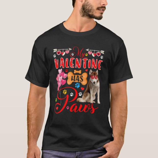 My Valentine Has Paws Cute Husky Sunglasses Hearts T-Shirt (Front)