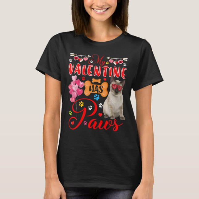 My Valentine Has Paws Cute Siamese Cat Sunglasses  T-Shirt (Front)