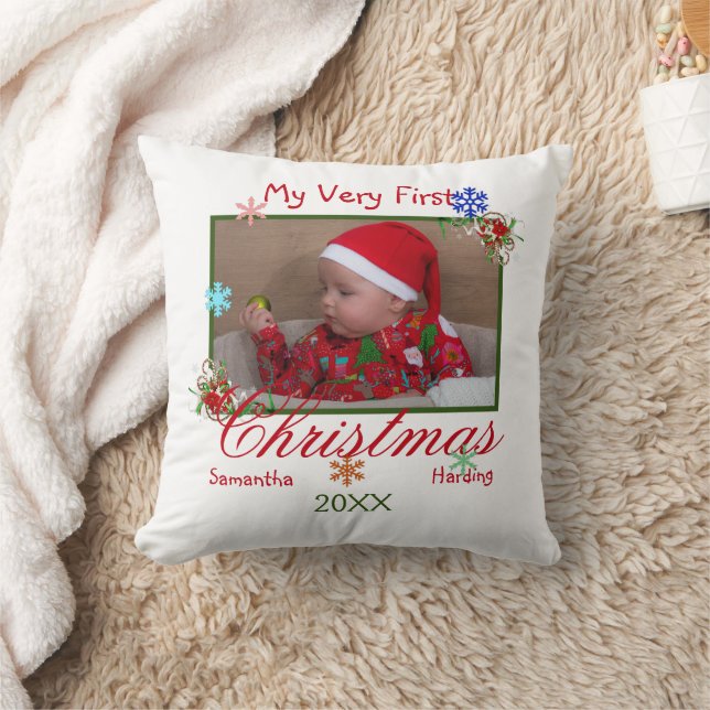 My Very First Christmas Baby Photo Personalized Throw Pillow (Blanket)