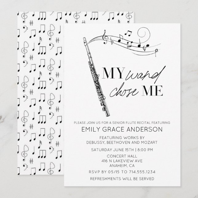 My Wand Chose Me Quote Musical Notes Flute Recital Invitation (Front/Back)