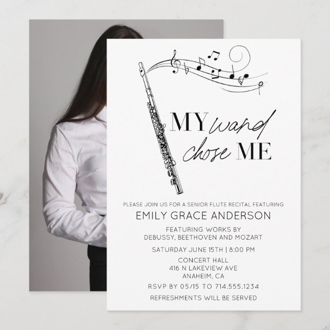 My Wand Chose Me Quote Photo Flute Recital Invitation (Front/Back)