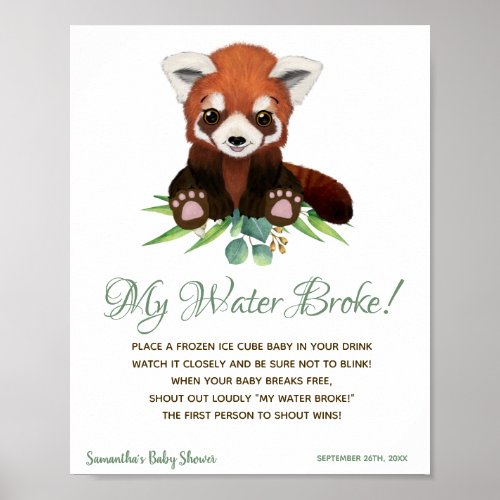 My Water Broke Game Baby Shower Sign Red Panda