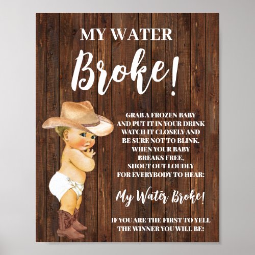 My Water Broke Little Cowboy Baby Shower Game Sign
