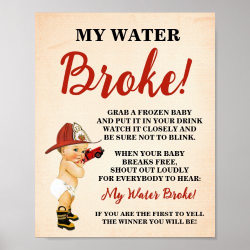 My Water Broke Little Firefighter Baby Shower Game Poster