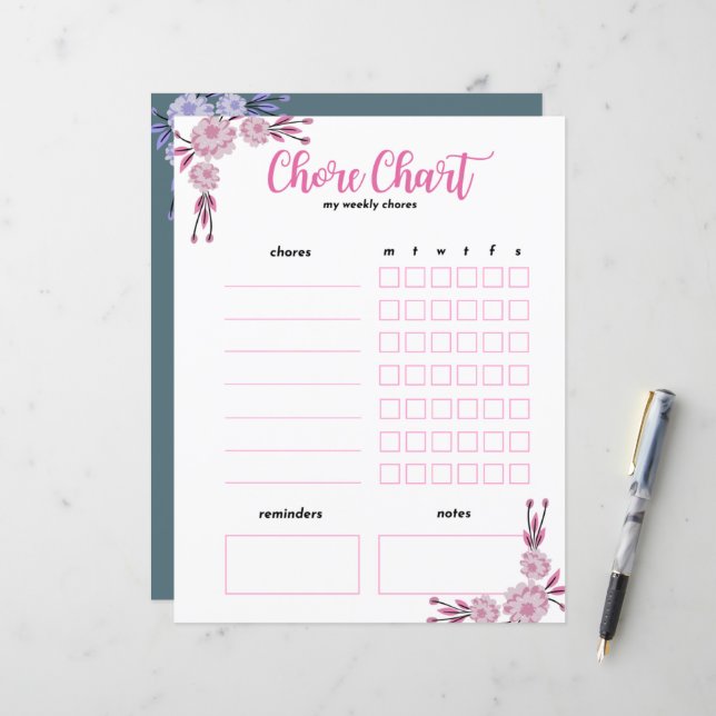 My Weekly Chore Chart - Double Sided Floral (Front/Back In Situ)