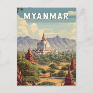 Myanmar Illustration Travel Art Vintage Postcard