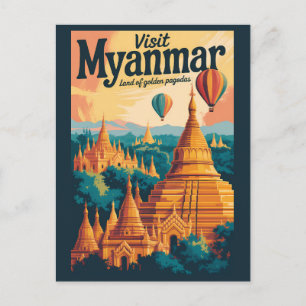 Myanmar Pagodas Illustration Travel Art Vintage Postcard