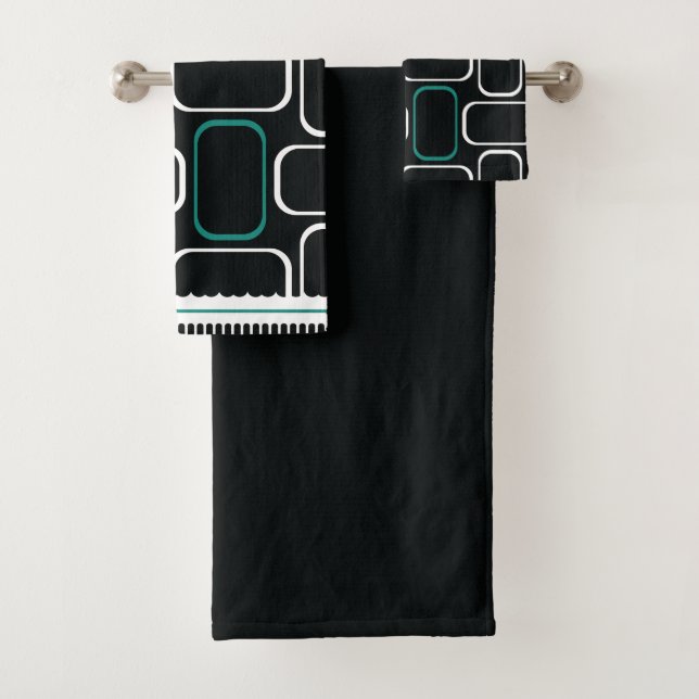 Mydeas | Black & White Dark Cyan Rectangles Bath Towel Set (Insitu)