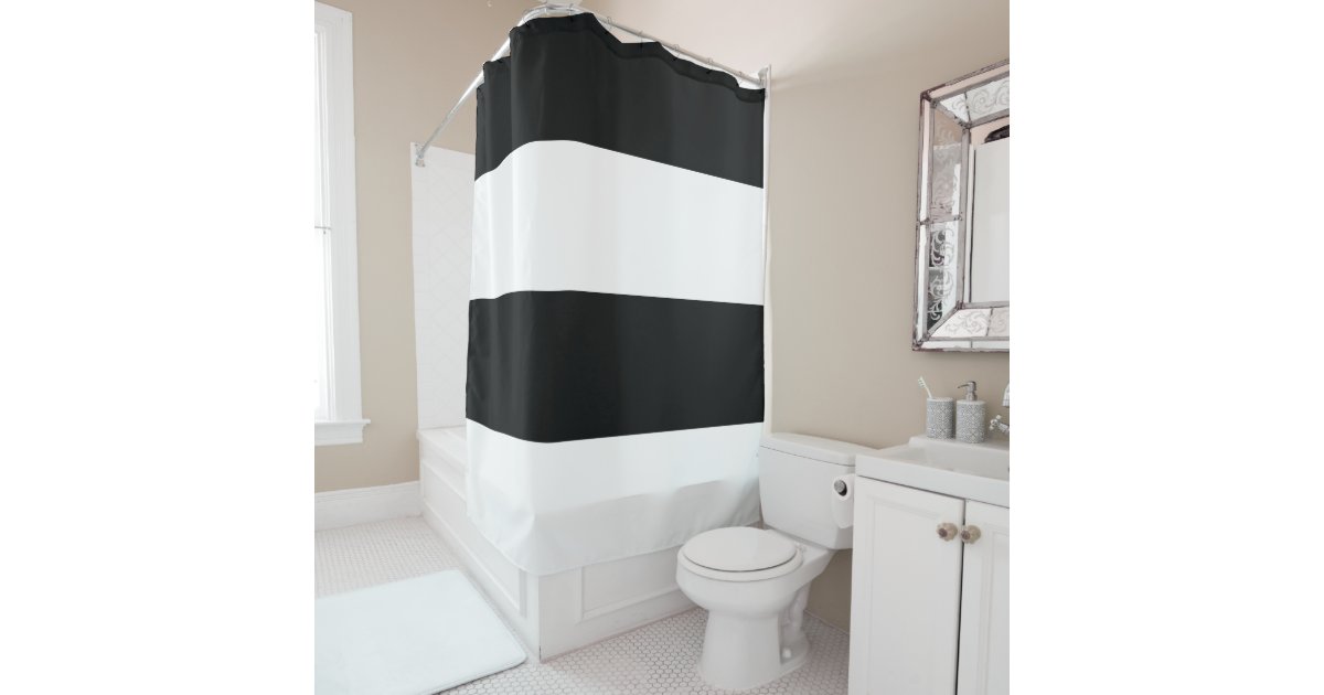 Black White Extra Wide Stripes Shower, Wide Horizontal Striped Shower Curtains