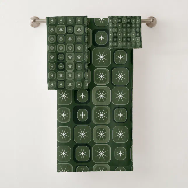 Mydeas | Dark Green Sparkle Line Retro Squares Bath Towel Set | Zazzle
