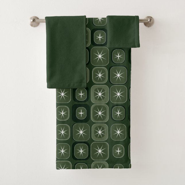 Mydeas | Dark Green Sparkle Line Retro Squares Bath Towel Set (Insitu)