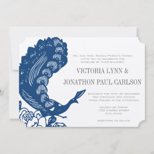 Mykonos Blue Vintage Modern Peacock Wedding Invitation