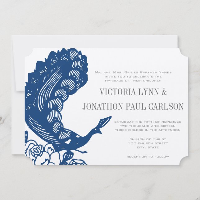 Mykonos Blue Vintage Modern Peacock Wedding Invitation (Back)