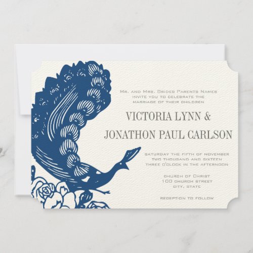 Mykonos Blue Vintage Modern Peacock Wedding Invitation