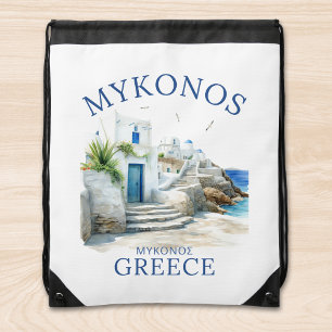 Mykonos Coastal Serenity in Watercolor Drawstring Bag