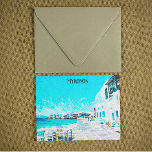 Mykonos Greece Aegean Sea Oil Paint Illustration Postcard
