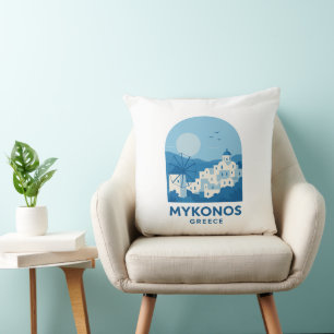 Mykonos Greece Blue Minimalist Travel Art Throw Pillow