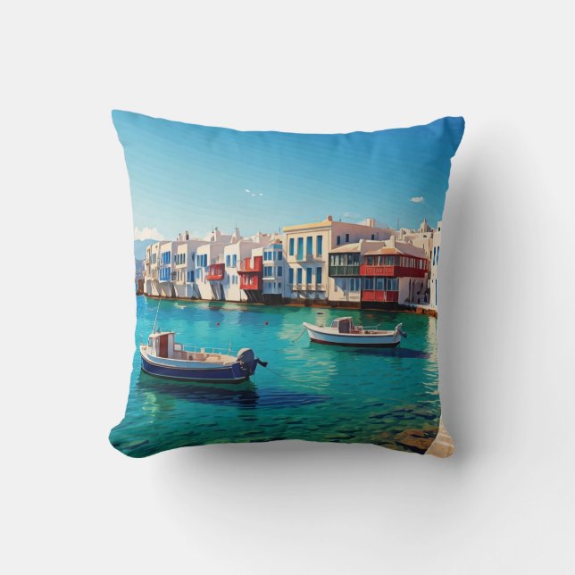 Mykonos Greece Greek Islands boats Throw Pillow (Front)