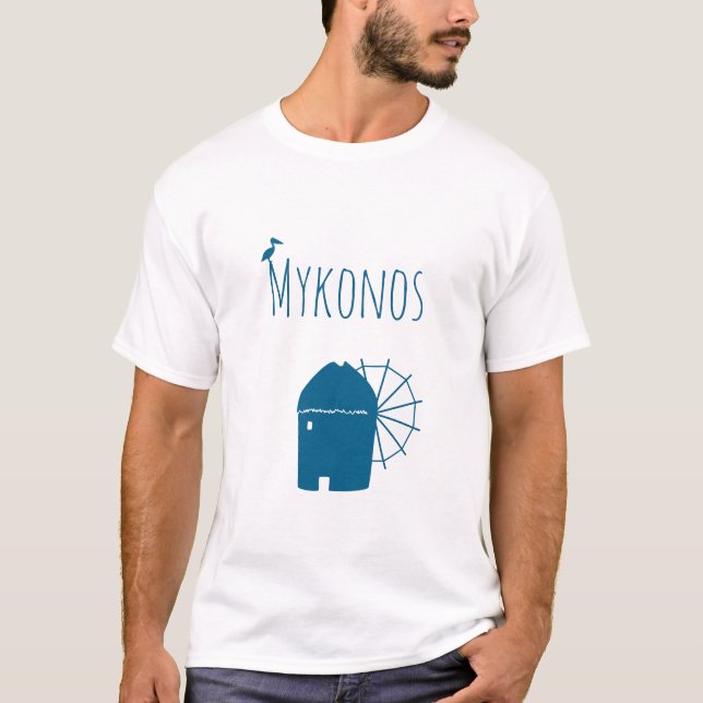 Mykonos, Greece: Iconic Windmill and pelican bird T-Shirt (Front)