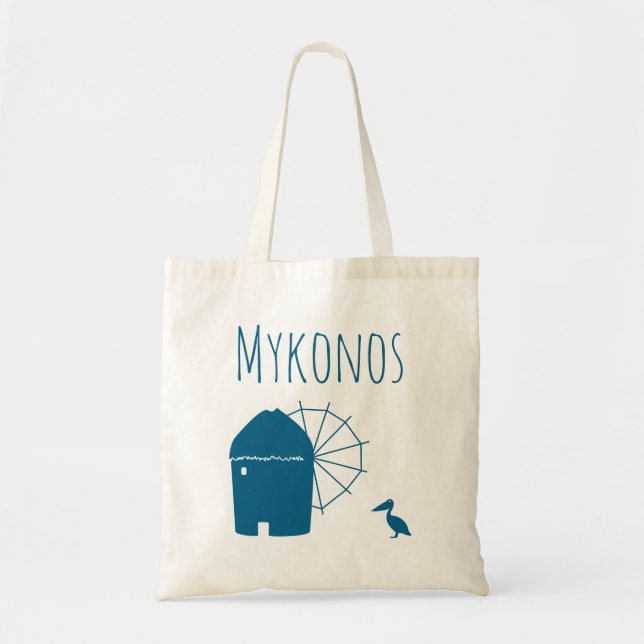Mykonos, Greece: Iconic Windmill and pelican bird  Tote Bag (Front)