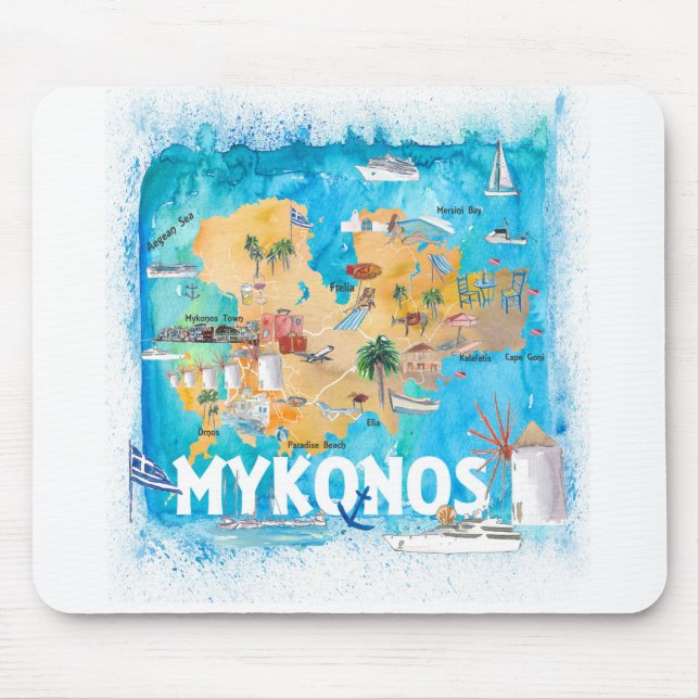 Mykonos Greece Illustrated Map with Landmarks Mouse Pad (Front)