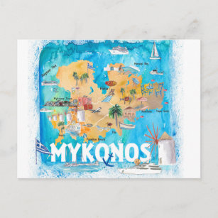 Mykonos Greece Illustrated Map with Landmarks Postcard