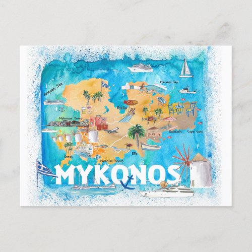 Mykonos Greece Illustrated Map with Main Roads  Postcard