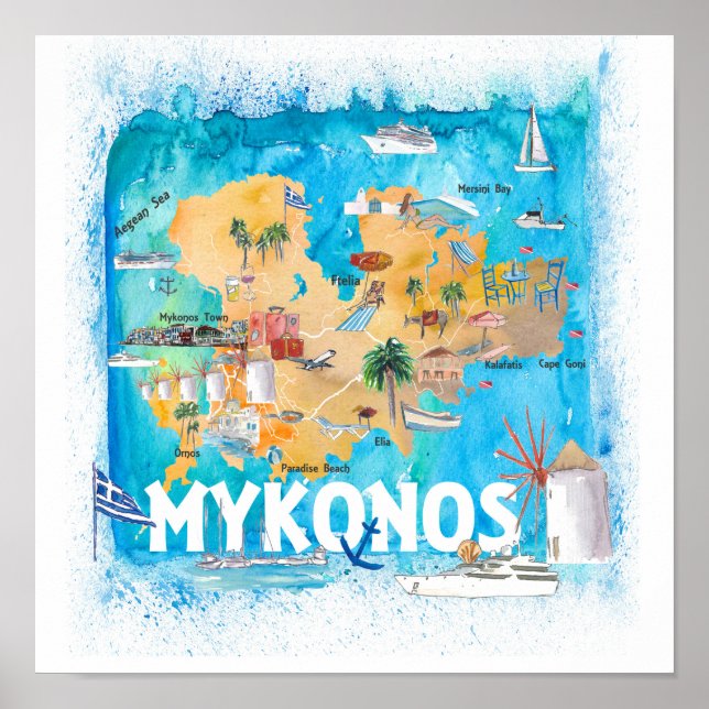 Mykonos Greece Illustrated Travel Map Poster (Front)