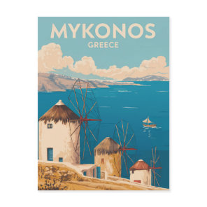 Mykonos Greece Illustration Travel Art Vintage Postcard