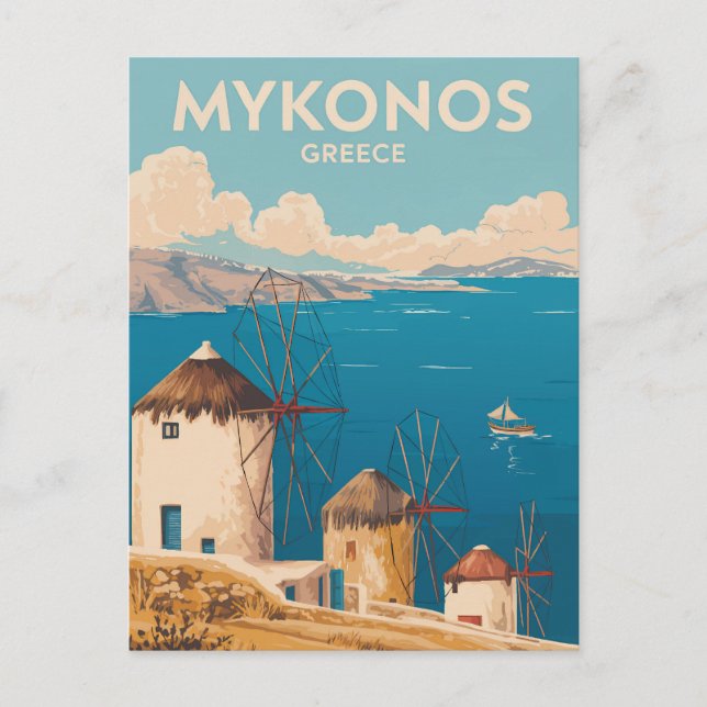 Mykonos Greece Illustration Travel Art Vintage Postcard (Front)