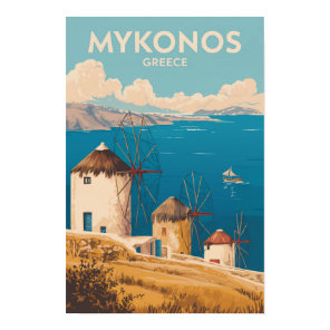 Mykonos Greece Illustration Travel Art Vintage Poster