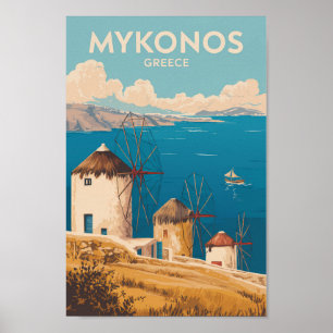 Mykonos Greece Illustration Travel Art Vintage Poster