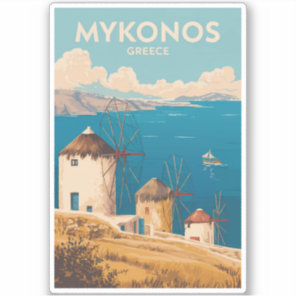 Mykonos Greece Illustration Travel Art Vintage Sticker