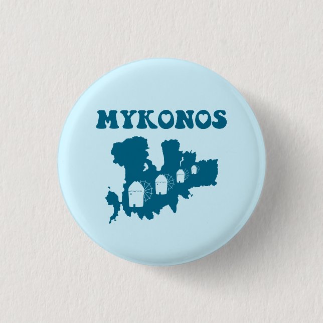 Mykonos, Greece, Map & Iconic Windmills Button (Front)