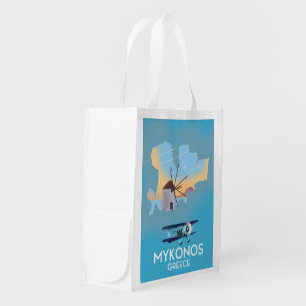 Mykonos Greece Map travel poster Grocery Bag